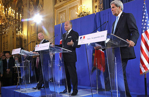 The Foreign Secretary William Hague at the press conference with French Minister of Foreign and European Affairs Laurent Fabius, and US Secretary of State John Kerry