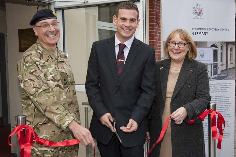 Left to right: Major General Richard Nugee, Lance Corporal Richard Drummond and Sue Freeth at the opening of the Personnel Recovery Centre in Sennelager