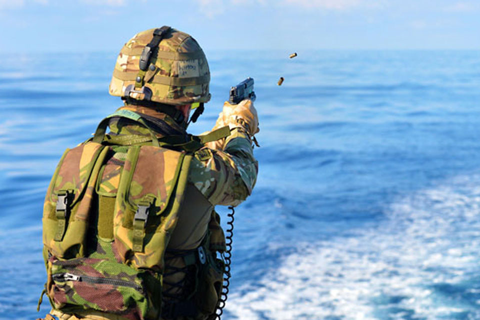 Marine White takes part in a continuation shoot on board HMS Monmouth whilst transiting the Mediterranean en route to the Gulf 