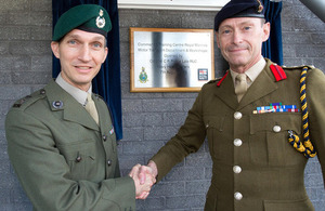 Lieutenant Colonel Simon Chapman (left) and Colonel Rupert Prince at the official opening of the new motor transport workshops at CTCRM Lympstone [Picture: Crown copyright]