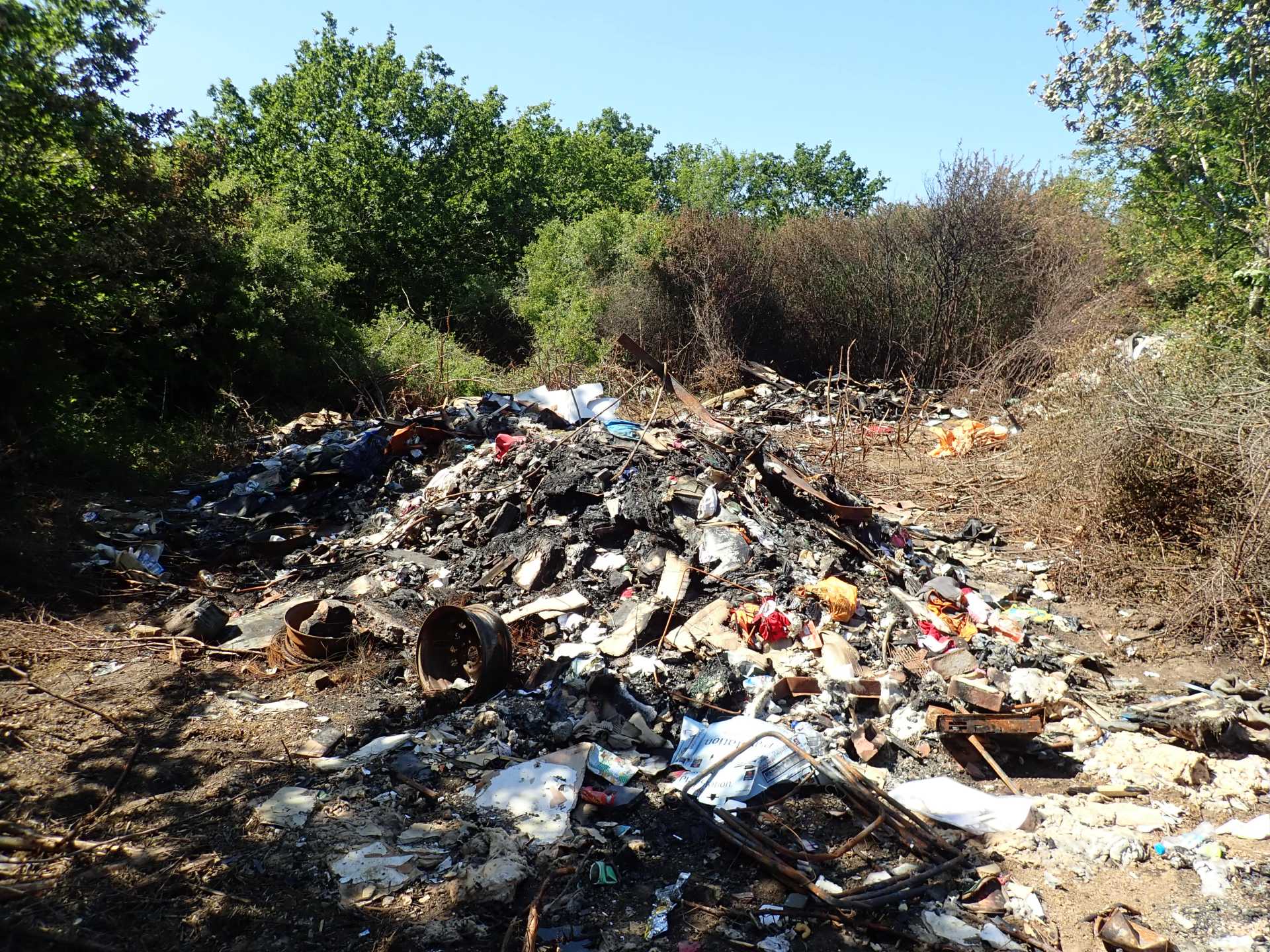 A large pile of waste among greenery and trees.