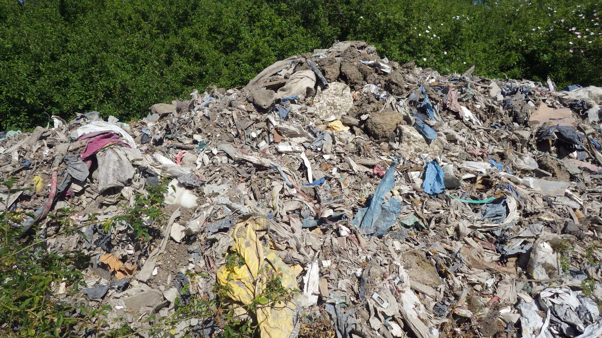 A large pile of waste among greenery and trees.