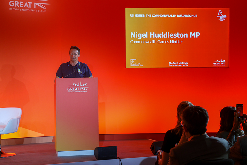 Minister for Sport Nigel Huddleston speaking at UK House.