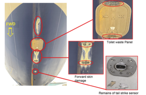 Рисунок 2: Повреждение обшивки задней нижней части фюзеляжа, слива унитаза и датчика удара хвостом