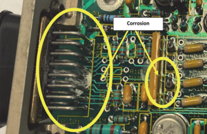 Corrosion deposits inside the audio warning unit