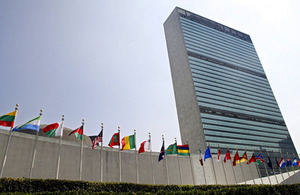 Flags of member nations fly outside the General Assembly building at the United Nations headquarters in New York.