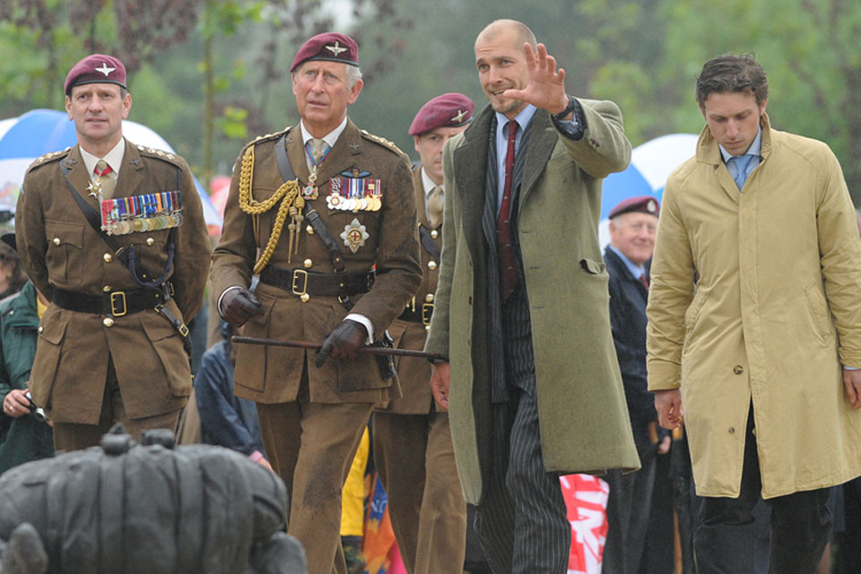 His Royal Highness The Prince of Wales (centre) with (to his left) Mark Jackson and Charlie Langton at the dedication ceremony for the Parachute Regiment and Airborne Forces Memorial at the National Memorial Arboretum 