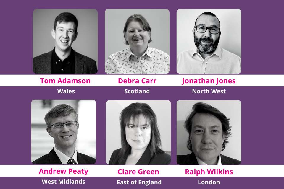 A headshot collage of DASA Innovation Partners. From left to right, Wales, Scotland, North West, West Midlands, East of England, London.