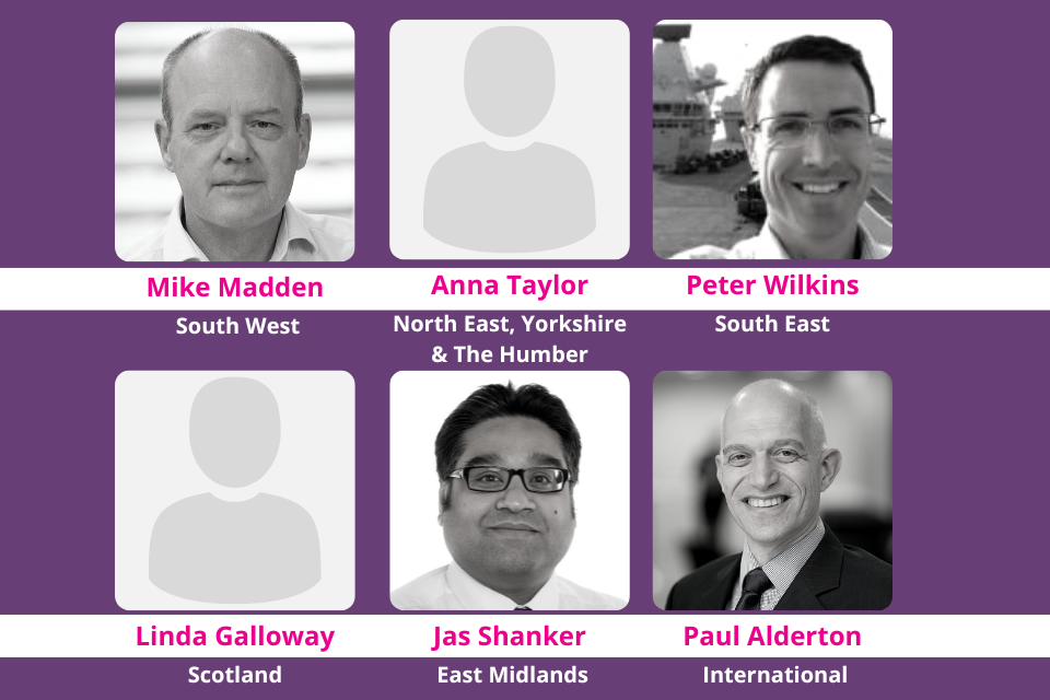 A headshot collage of DASA Innovation Partners. From left to right, South West, North East, South East, Scotland, East midlands, International.