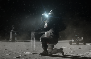 Астронавт стоит на коленях на лунной поверхности с пылью в руке.