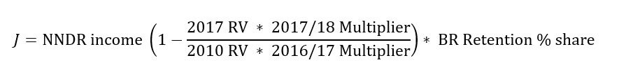 J = доход NNDR (1-(RV 2017 * Множитель 2017/18)/(RV 2010 * Множитель 2016/17))* % удержания BR