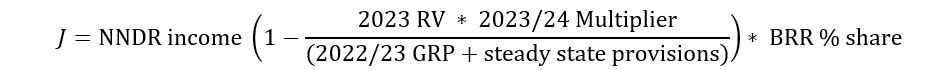 J = доход NNDR (1-(RV 2023 * множитель 2023/24)/((GRP 2022/23 + резервы устойчивого состояния)))* BRR % доли
