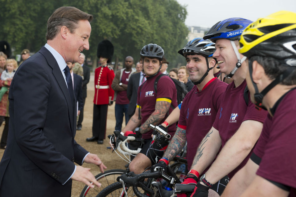 David Cameron supporting Grenadier Guardsmen on charity cycle ride