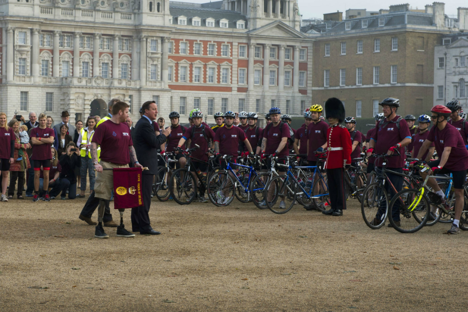 David Cameron supporting Grenadier Guardsmen on charity cycle ride