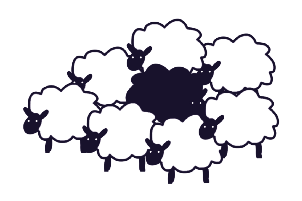 A flock of white sheep with a black sheep in the middle.