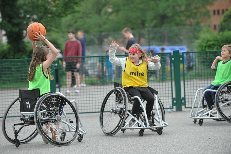 Children in wheelchairs playing basketball