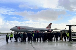 Science Minister, George Freeman, Transport Technology Minister, Jesse Norman, Spaceport Cornwall, Virgin Orbit and the UK Space Agency in front of Virgin Orbit’s carrier aircraft, Cosmic Girl.