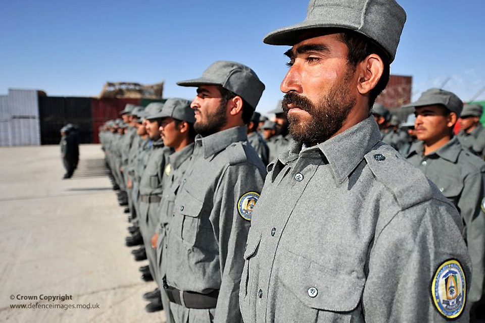 Recruits for the Afghan National Police line up on parade