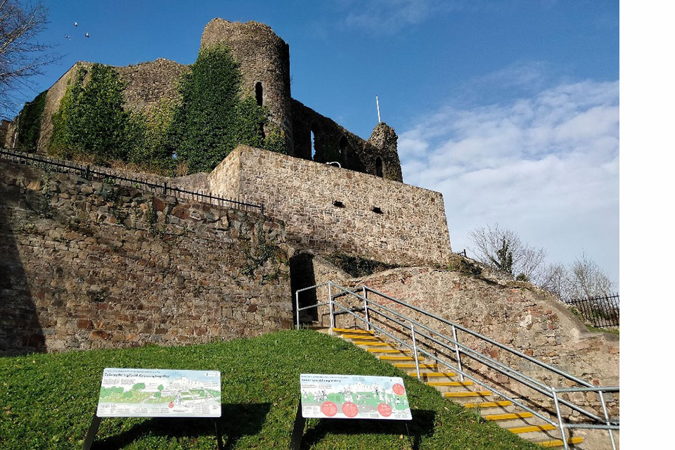 External view of Haverfordwest castle including information books. 