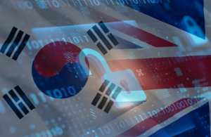 Флаг Великобритании и Республики Корея с техническим абстрактным изображением сверху.