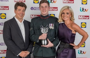 From left: Michael McIntyre, Lance Corporal Matthew Wilson with his Pride of Britain Special Recognition Award and Katherine Jenkins [Picture: Adam Sorenson, Daily Mirror Pride of Britain Awards]