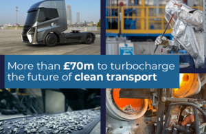 Graphic of a hydrogen powered HGV and recycled aluminium being processed