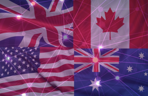 Фотографии флагов Великобритании, Австралии, Канады и Америки с наложением телекоммуникационных возможностей.