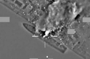 Targeting pod footage of an RAF missile strike on a Gaddafi-regime warship at Al Khums in northern Libya