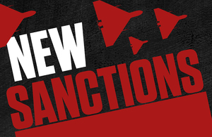 Red and white writing spells out "New Sanctions" on a black background