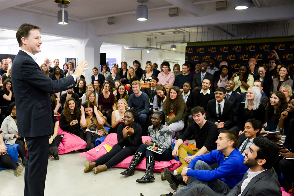 Deputy Prime Minister Nick Clegg takes questions from some of the 100 young people at the opening of Wayra UnLtd