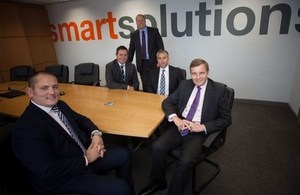 Secretary of State for Wales visited successful start up business, Smart Solutions Recruitment in Newport earlier this month. (L-R, Nathan Bowles, Steffan Edwards, Ieuan Rosser, John Hayward of Smart Solutions and David Jones MP).