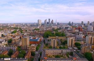 A skyline aerial photo of Hackney taken with a drone, by Aero-Scope.co.uk via Wikimedia Commons