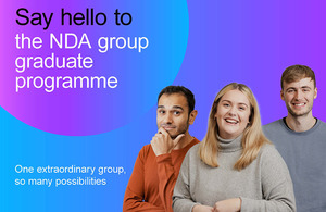 Title of the NDA group graduate programme on a bright blue and pink background and two male, one female graduates smiling