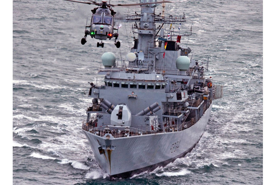 A Wildcat helicopter leaves HMS Iron Duke 