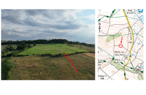 Figure 2 Accident site looking south (left image) and accident location (right image), with approach direction into field indicated with a red arrow. © 2022 Ordnance Survey