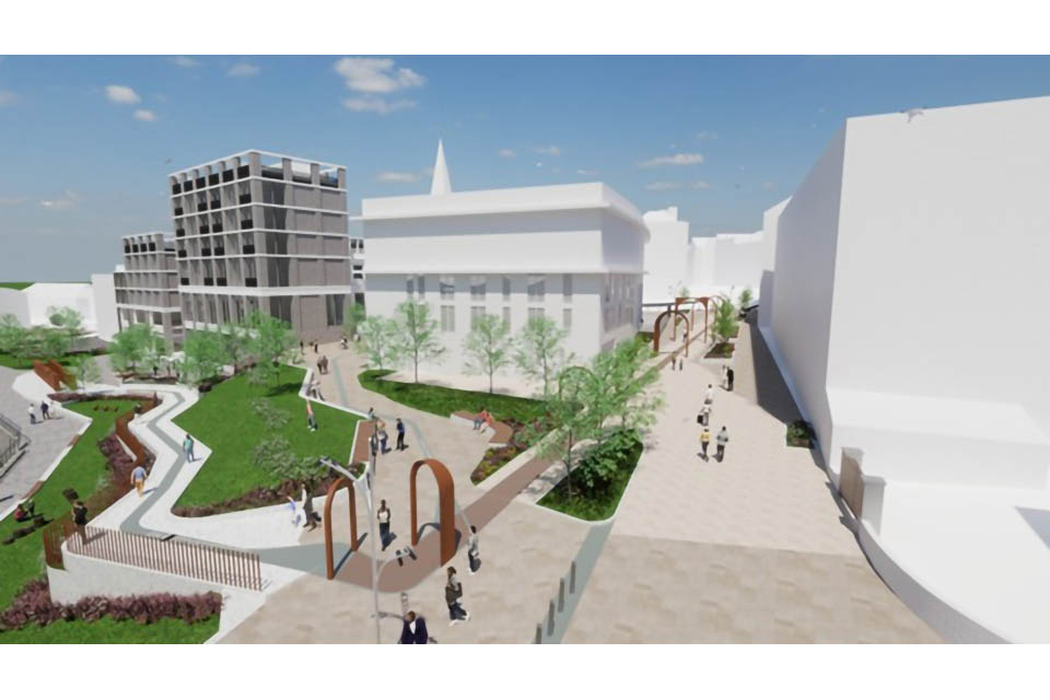 Artist’s impression of the proposed Riverside Gardens, a public space which will be the gateway to Forge Island and the town centre.