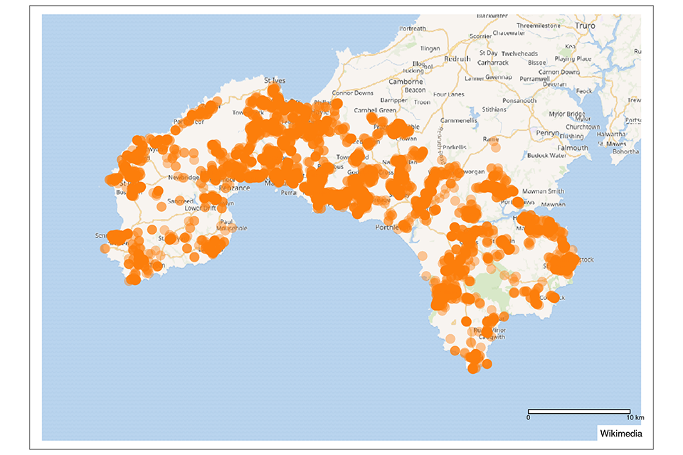 First map of Cornwall with areas due to be upgraded in the awarded Cornwall contracts highlighted in orange.