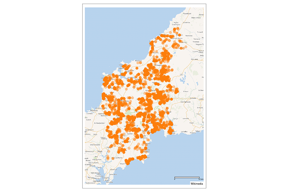 Second map of Cornwall with areas due to be upgraded in the awarded Cornwall contracts highlighted in orange.