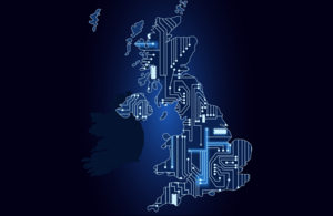 A graphic of a computer chip in the shape of the British isles