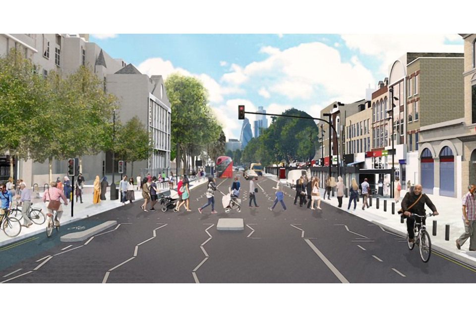 Artist’s impression of Whitechapel Road and how the area would look - accommodating for pedestrians and cyclists
