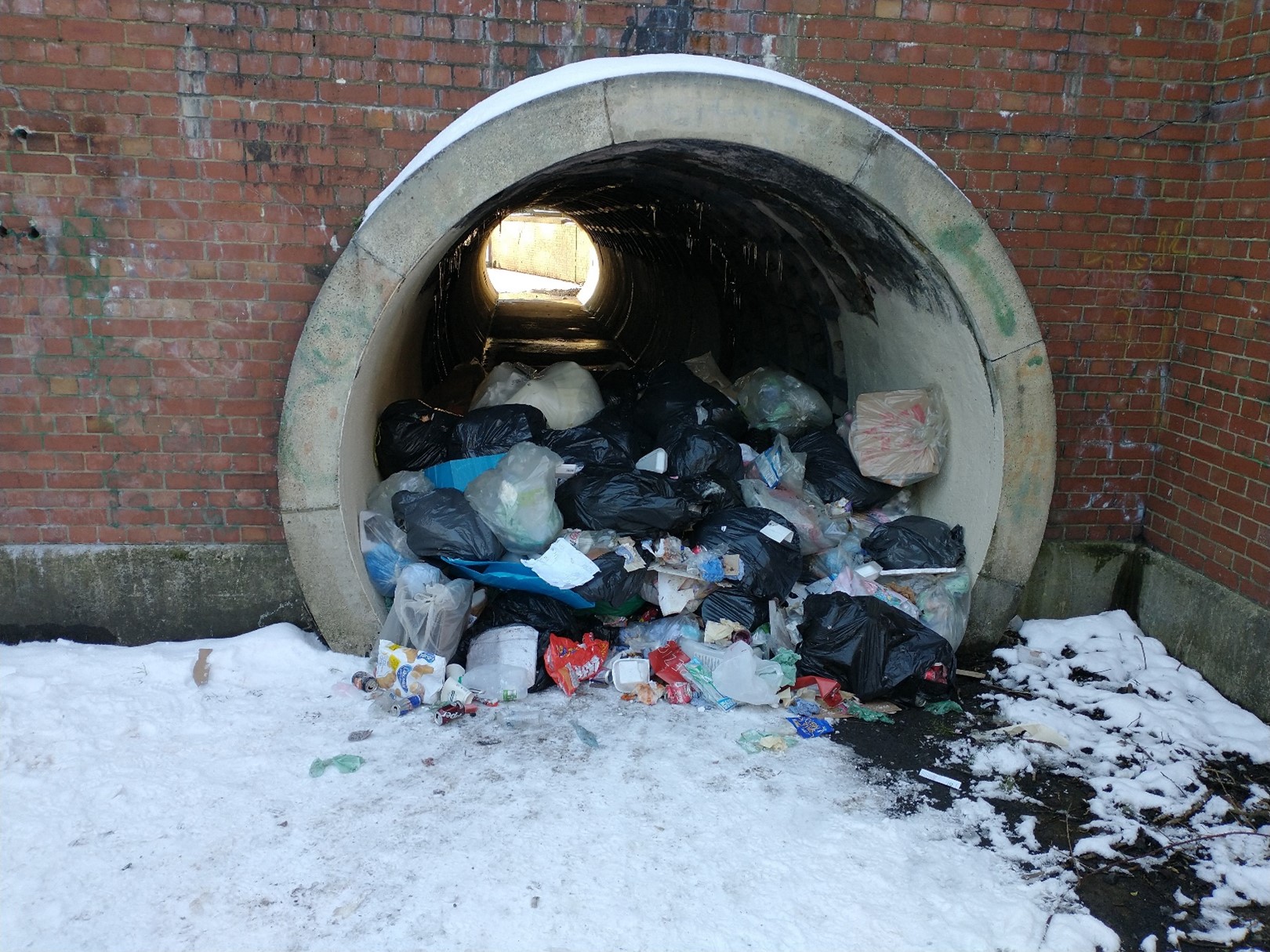 The image shows fly-tipped waste partially blocking a pedestrian tunnel at Lambton Lane