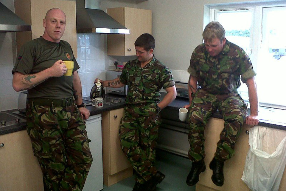 Soldiers from Welsh Guards use communal facilities in new accommodation at Hounslow Barracks. 