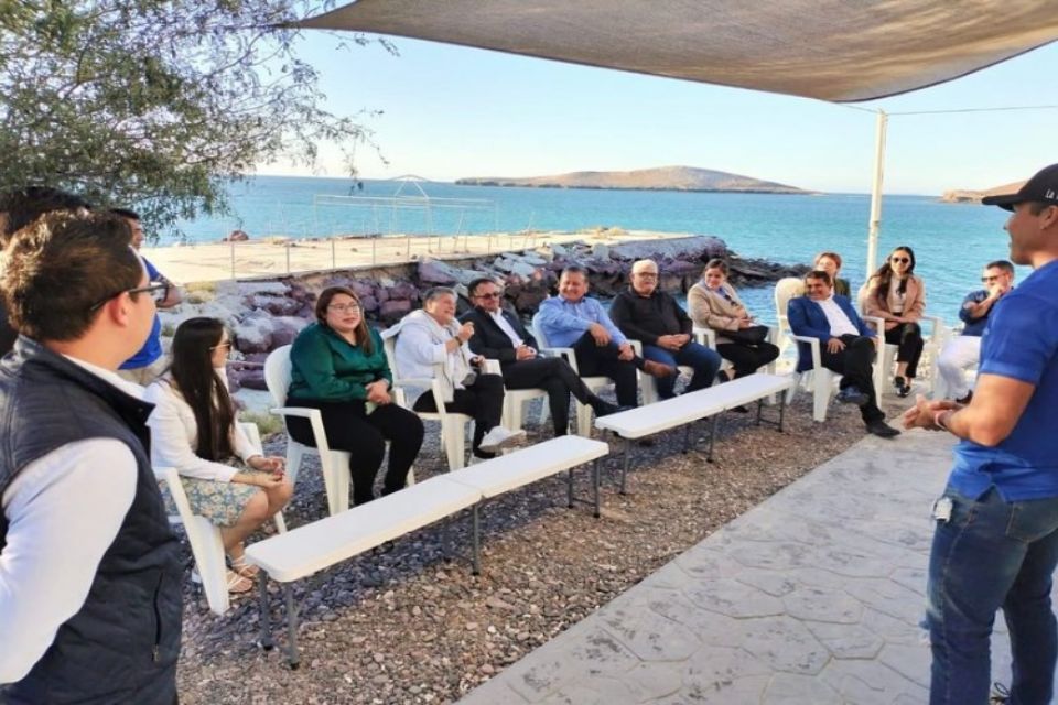 A group of people listen to a presentation while sitting next to the sea