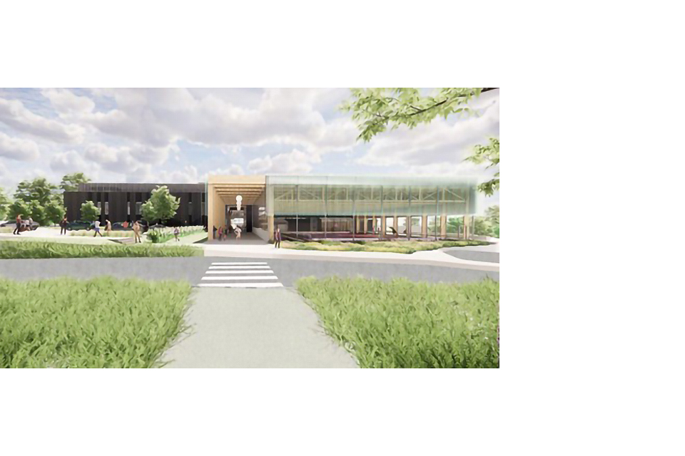 Mock-up of the planned Outer West Leisure Centre, showing the entrance by the roadside
