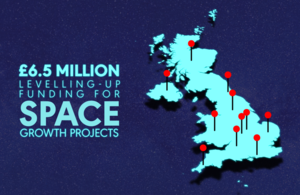 "£6.5 million levelling-up funding for space growth projects". Map of UK with pins representing areas receiving funding.