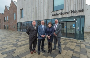 Geoff Morris, Director of the Eden Campus; Malcolm Offord, UK Government Minister for Scotland; Professor Dame Sally Mapstone, Principal and Vice-Chancellor; Derek Watson, Quaestor & Factor - at the University of St Andrews Eden Campus in Guardbridge.