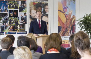 Nick Clegg delivering his speech at Morpeth School