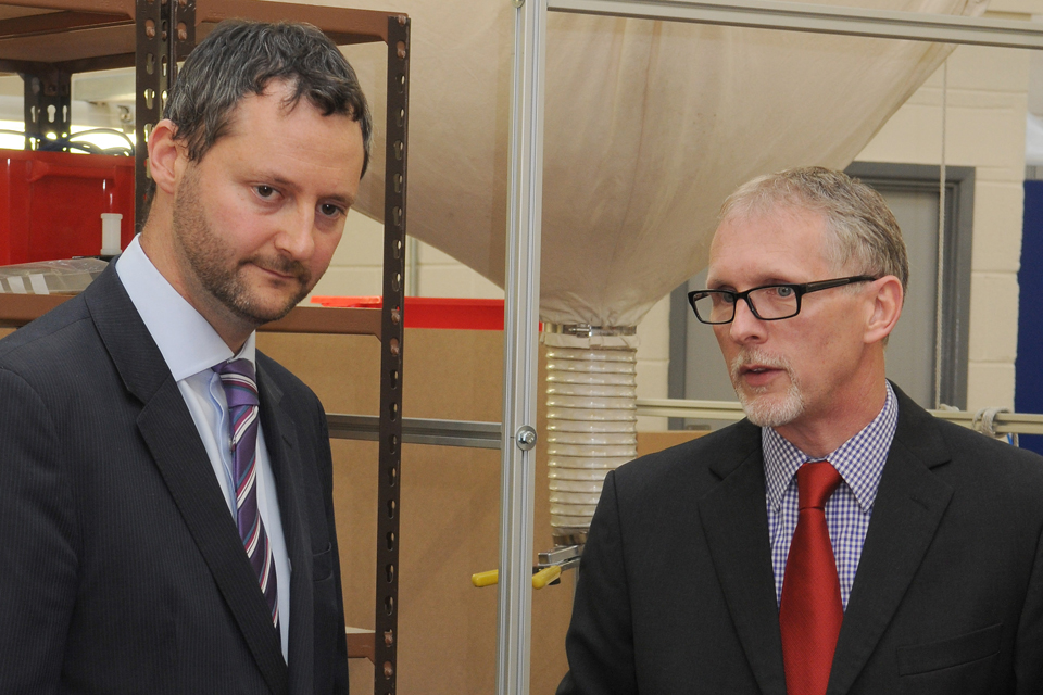 Managing Director of Newson Gale, Graham Tyers (right) shows the Head of UKTI for Germany some of the units the firm make