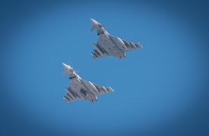 An RAF and Luftwaffe Typhoon flying in formation