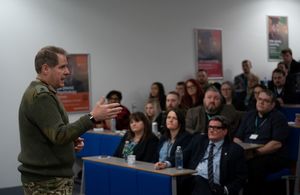 Lieutenant General Tom Copinger-Symes, Deputy Commander of Strategic Command, speaks to students at Blackburn College
